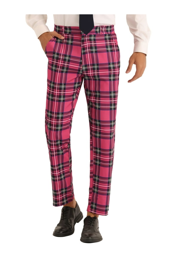 Plaid Dress Pants for Men's Slim Fit Straight Leg Formal Tartan Printed Pants 38 Rose Red