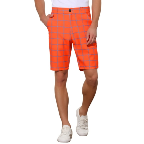 INSPIRE CHIC Men's Shorts Plaid Golf Color Block Flat Front Formal Check Shorts 28 Orange