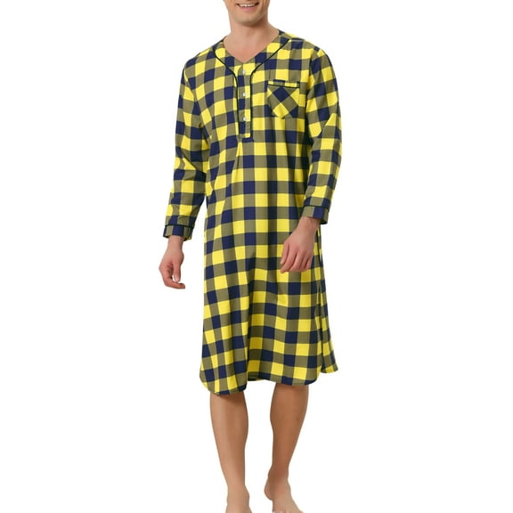 INSPIRE CHIC Plaid Nightshirt for Men's Loose Fit Henley Necklike Checked Sleep Gown Pajamas M Yellow Blue