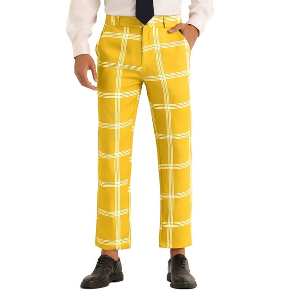 INSPIRE CHIC Plaid Pants for Men's Color Block Slim Fit Flat Front Checked Dress Pants M Yellow