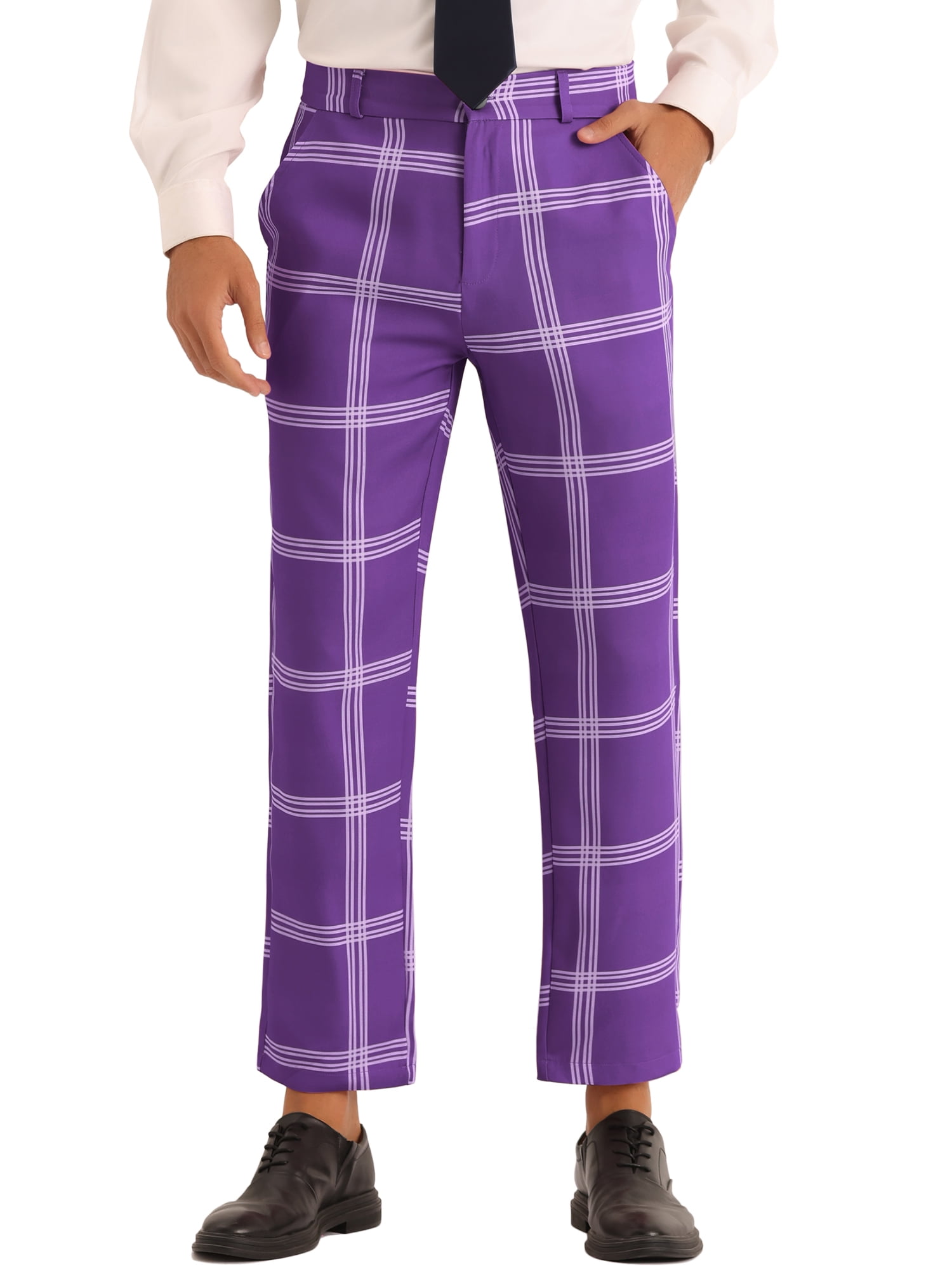 Lars Amadeus Plaid Pants for Men's Color Block Slim Fit Flat Front Checked Dress Pants