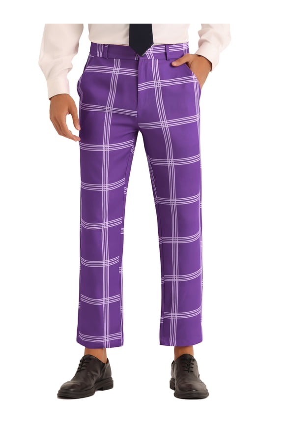 Plaid Pants for Men's Color Block Slim Fit Flat Front Checked Dress Pants XL Purple