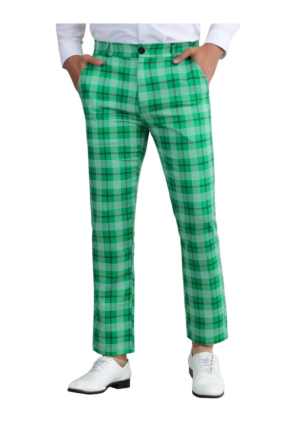 Plaid Pants for Men's Color Block Straight Leg Checked Pattern Chino Trousers