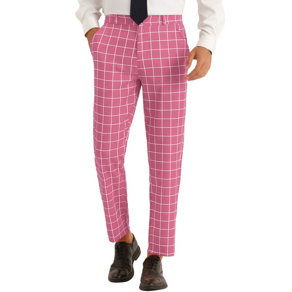INSPIRE CHIC Plaid Pants for Men's Flat Front Colorful Printed Dress Trousers Pink 38