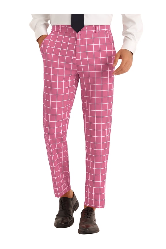 Plaid Pants for Men's Flat Front Colorful Printed Dress Trousers Pink 34