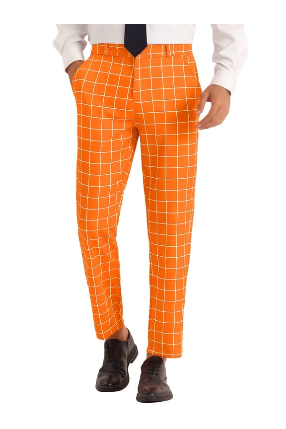 Plaid Pants for Men's Flat Front Colorful Printed Dress Trousers Orange 28