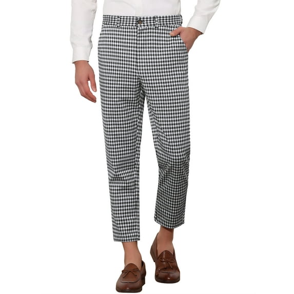 INSPIRE CHIC Plaid Pants for Men's Flat Front Contrasting Colors Irregular Pattern Trousers 36 Black White