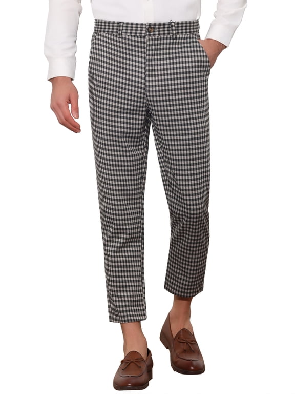Plaid Pants for Men's Flat Front Contrasting Colors Irregular Pattern Trousers 30 Dark Black
