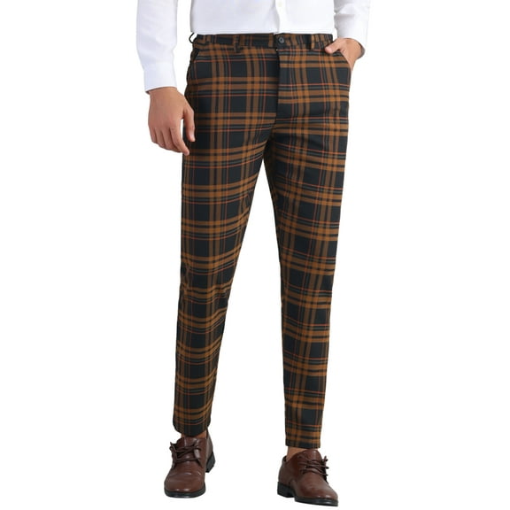INSPIRE CHIC Plaid Pants for Men's Flat Front Formal Checked Patterned Chino Trousers 30 Brown