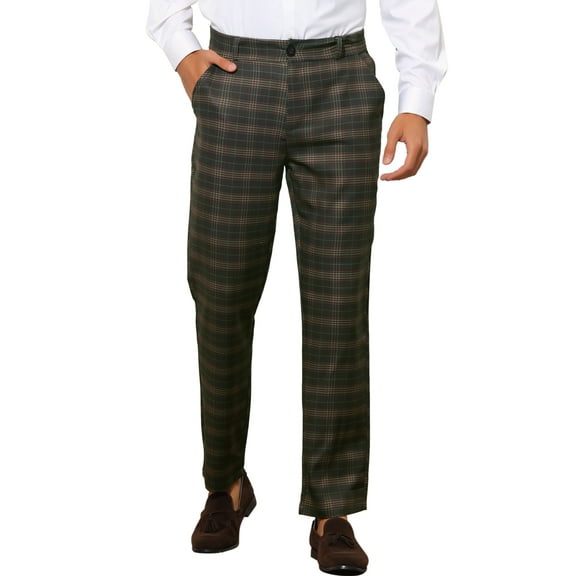 INSPIRE CHIC Plaid Pants for Men's Flat Front Straight Fit Checked Trouser 28 Black Brown
