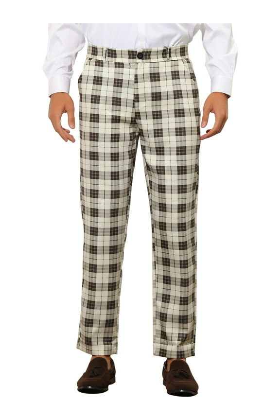 Plaid Pants for Men's Flat Front Straight Fit Checked Trouser 32 Khaki