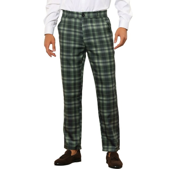 INSPIRE CHIC Plaid Pants for Men's Flat Front Straight Fit Checked Trouser 34 Green Navy