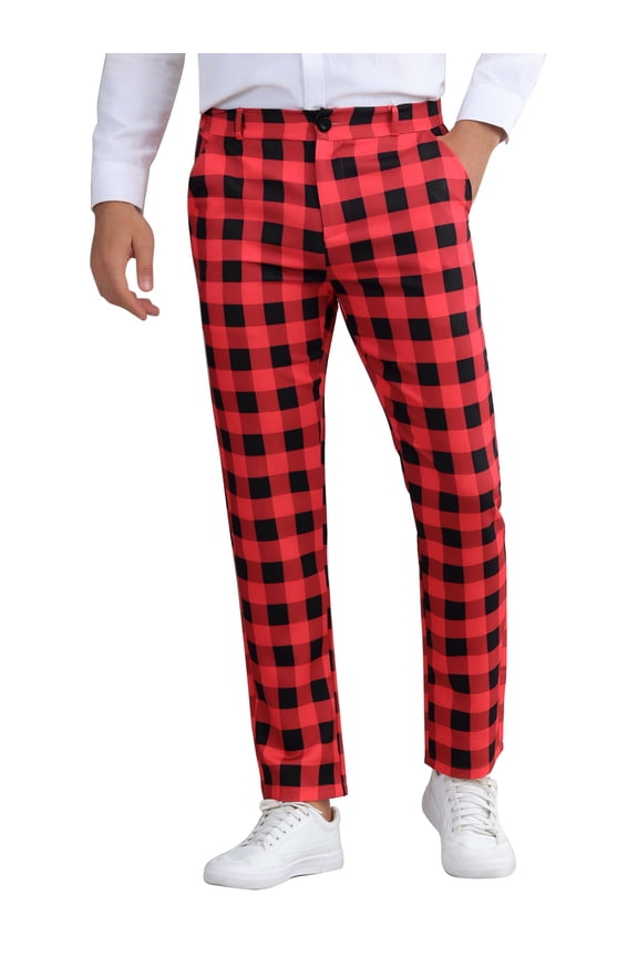 Plaid Pants for Men's Regular Fit Color Block Tartaned Pattern Dress Trousers