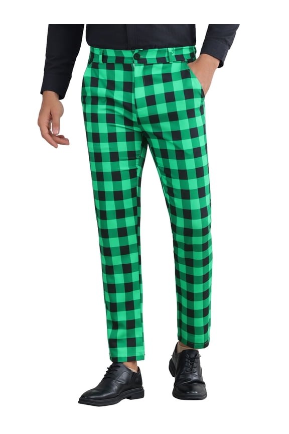 Plaid Pants for Men's Regular Fit Color Block Tartaned Pattern Dress Trousers