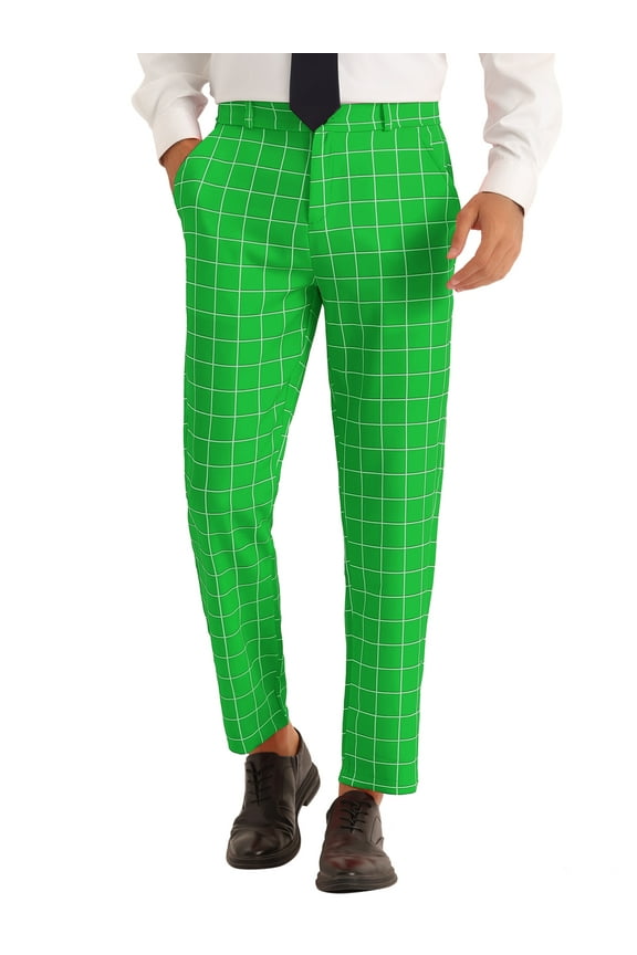 Plaid Pants for Men's Slim Fit Business Checked Printed Dress Chino Trousers