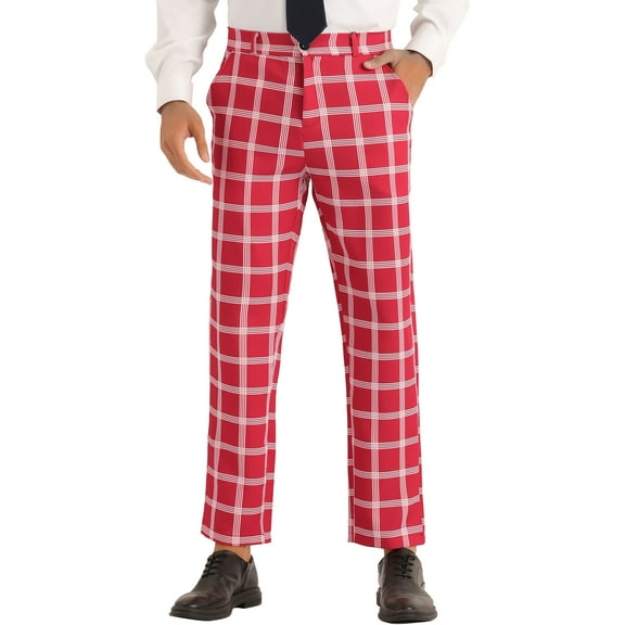 INSPIRE CHIC Plaid Pattern Pants for Men's Slim Fit Flat Front Work Office Checked Trousers Red 32
