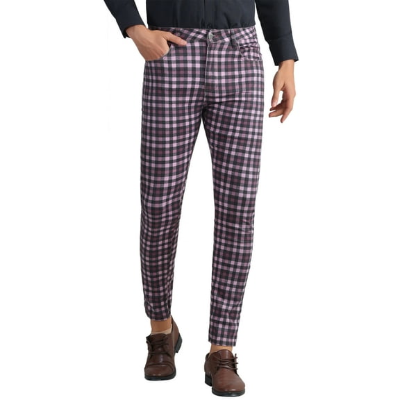INSPIRE CHIC Plaid Printed Dress Pants for Men's Flat Front Stretch Slim Fit Checked Trousers