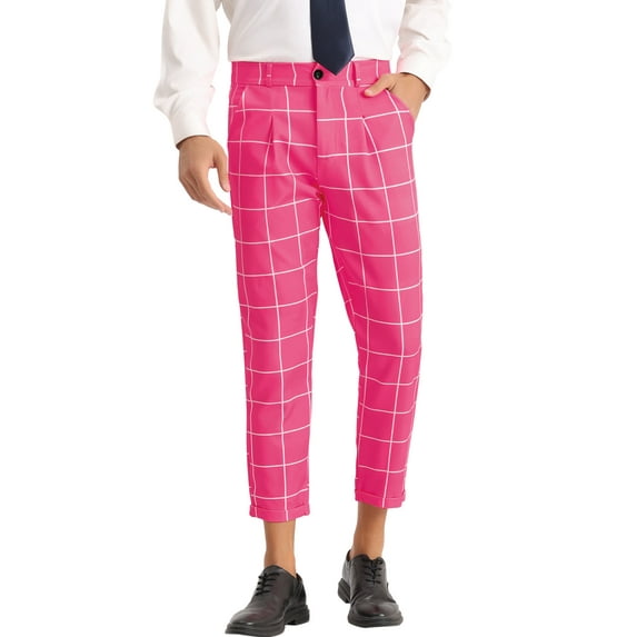 INSPIRE CHIC Plaid Printed Pants for Men's Pleated Front Colorful Checked Cropped Trousers Rose Red 30