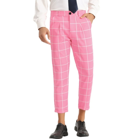 INSPIRE CHIC Plaid Printed Pants for Men's Pleated Front Colorful Checked Cropped Trousers 30 Pink