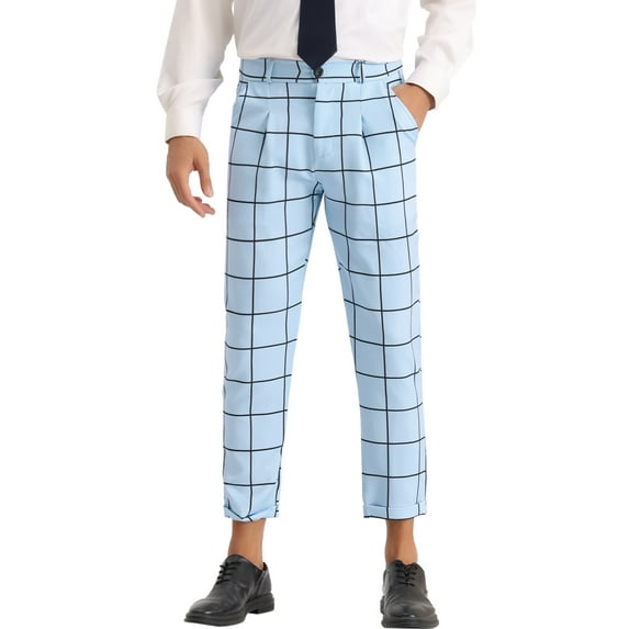 INSPIRE CHIC Plaid Printed Pants for Men's Pleated Front Colorful Checked Cropped Trousers 36 Light Blue