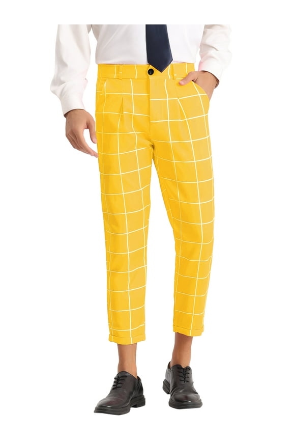 Plaid Printed Pants for Men's Pleated Front Colorful Checked Cropped Trousers 28 Yellow