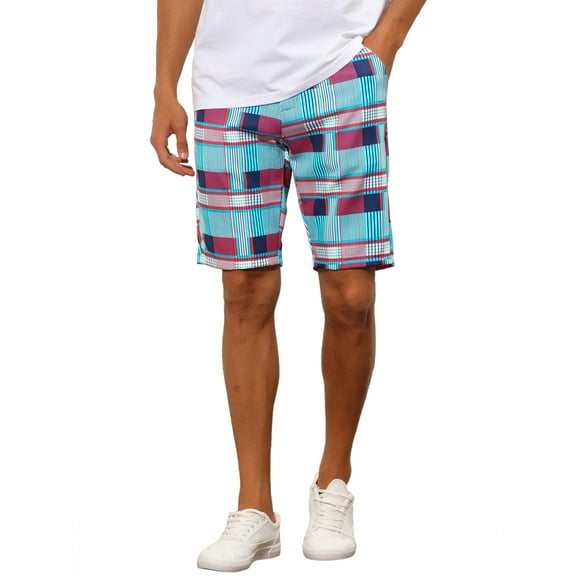 INSPIRE CHIC Men's Shorts Plaid Pattern Straight Fit Comfort Flat Front Checked Shorts 28 Blue Red