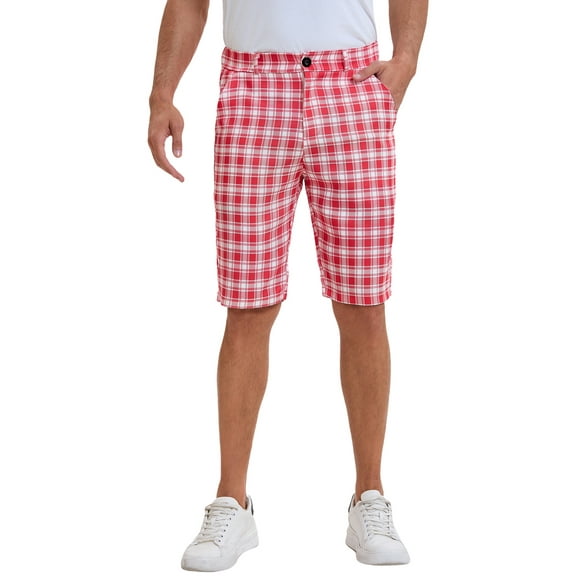 INSPIRE CHIC Men's Shorts Plaid Pattern Straight Fit Comfort Flat Front Checked Shorts 32 Red White