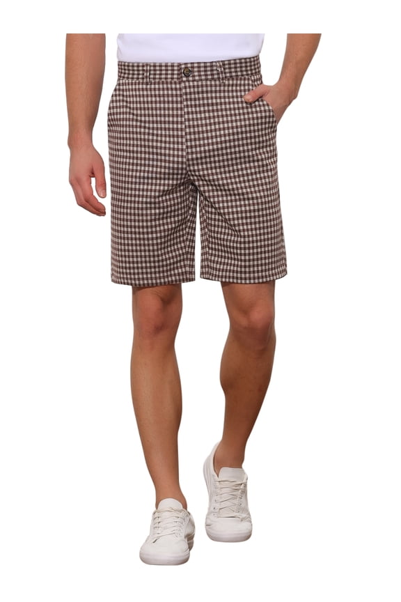 Plaid Shorts for Men's Straight Leg Flat Front Houndstooth Print Chino Shorts Brown 30