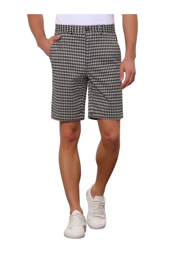 Plaid Shorts for Men's Straight Leg Flat Front Houndstooth Print Chino Shorts Black Gray 28
