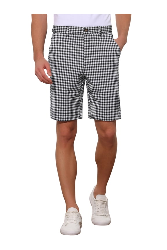 Plaid Shorts for Men's Straight Leg Flat Front Houndstooth Print Chino Shorts Black White 28