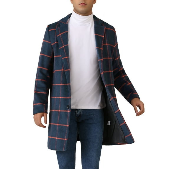 INSPIRE CHIC Plaid Trench Coat for Men's Color Block Single Breasted Winter Checked Overcoat