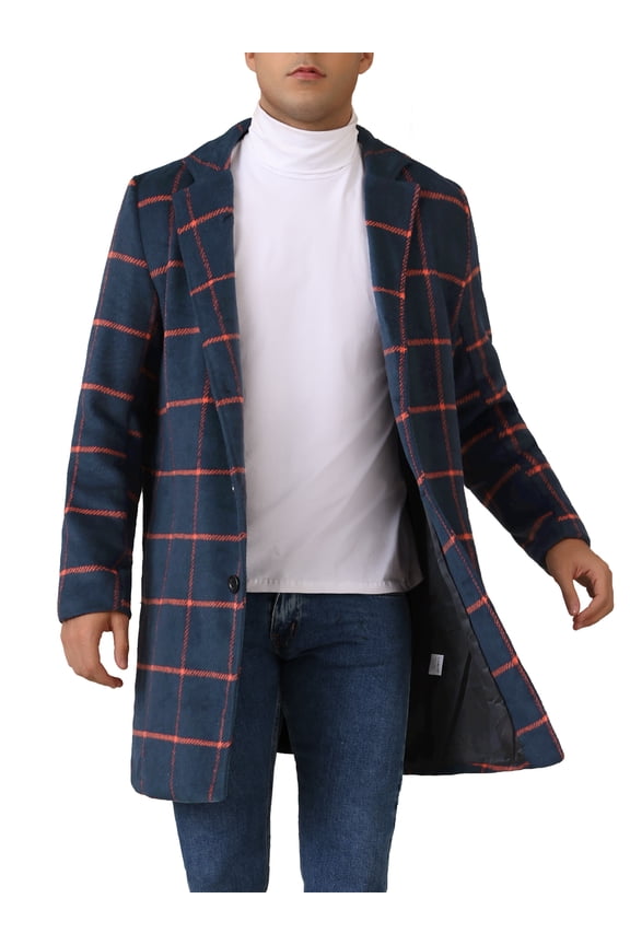 Plaid Trench Coat for Men's Color Block Single Breasted Winter Checked Overcoat