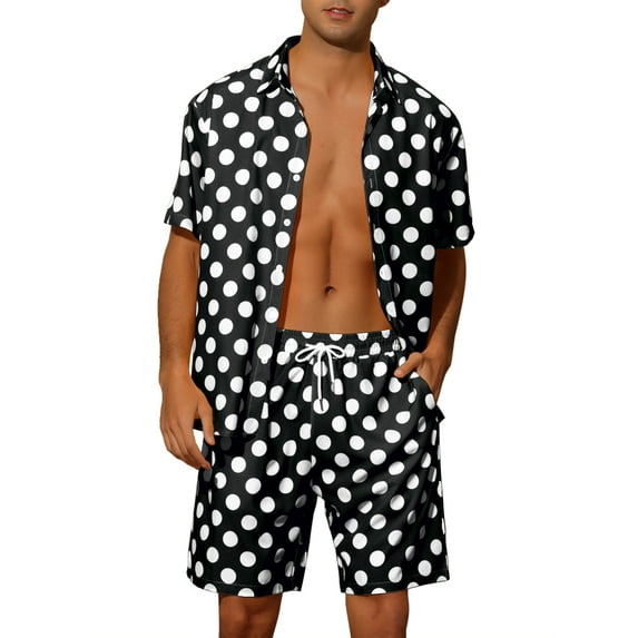 INSPIRE CHIC Polka Dots Hawaiian Set for Men's Short Sleeves Summer Shirts 2 Pieces Suit Black M