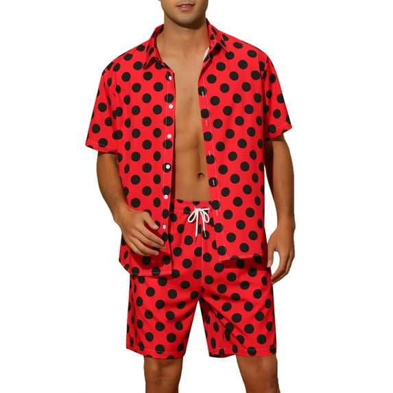 Lars Amadeus Polka Dots Hawaiian Set for Men's Short Sleeves Summer Shirts 2 Pieces Suit