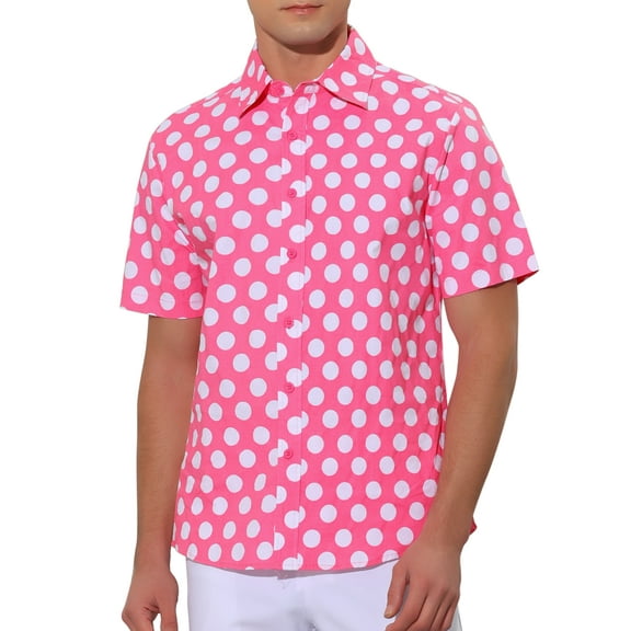 INSPIRE CHIC Polka Dots Pattern Shirt for Men's Point Collar Short Sleeves Printed Dress Shirts S Pink