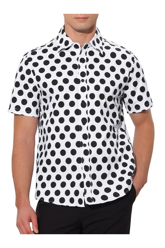Polka Dots Shirt for Men's Summer Short Sleeves Dots Printed Dress Shirts White 2XL