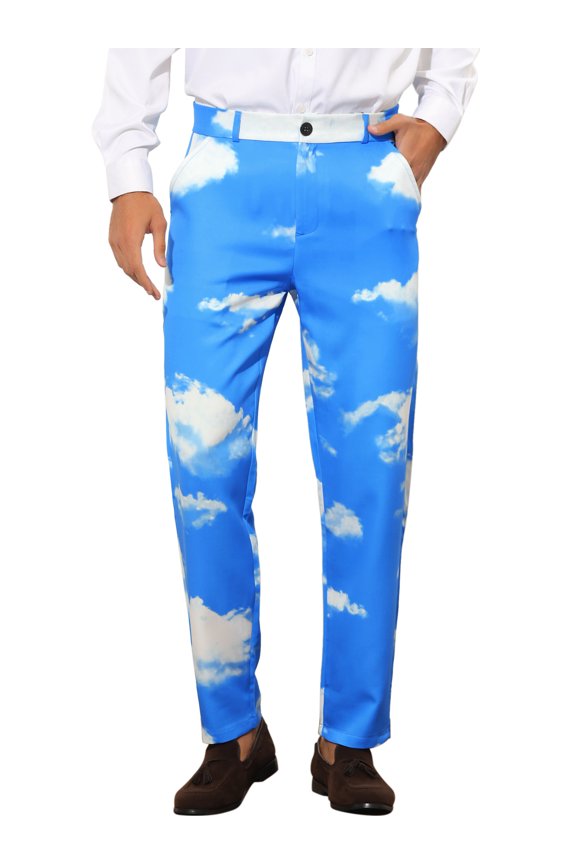 Men's Pant Diamond Plaid Pattern Regular Fit Color Block Suit Trousers 28 Blue White