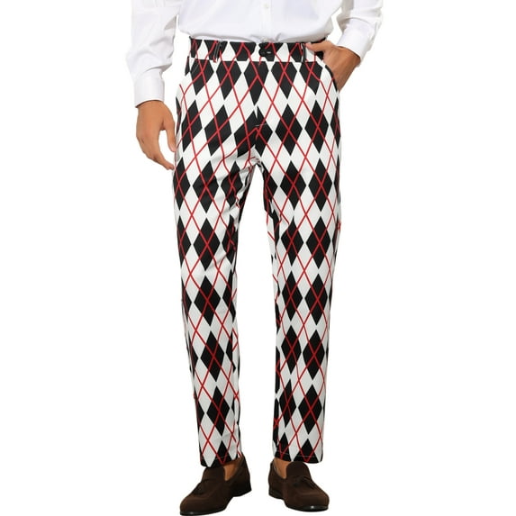 INSPIRE CHIC Men's Pant Diamond Plaid Pattern Regular Fit Color Block Suit Trousers 30 Black White