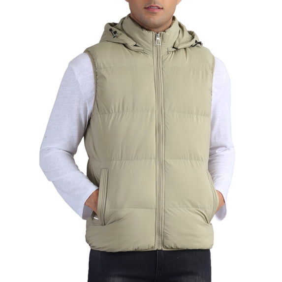 INSPIRE CHIC Men's Puffer Vest Warm Sleeveless Jacket with Detachable Hooded Winter Padded Vest M Khaki