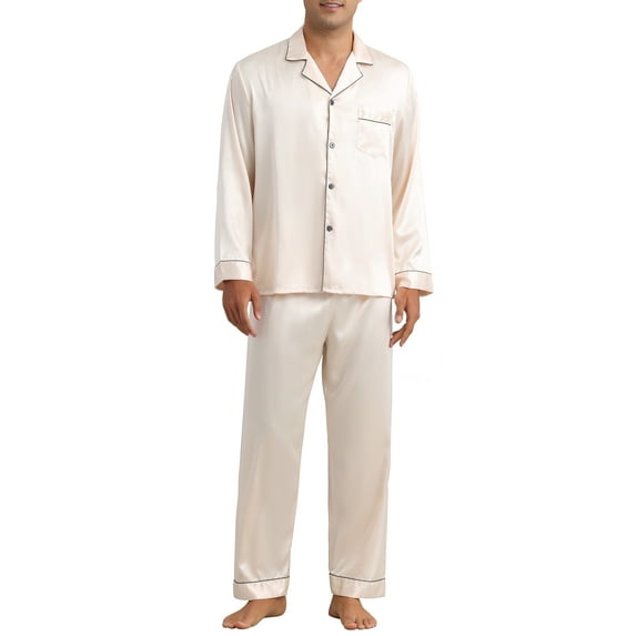 INSPIRE CHIC Satin Pajamas Set for Men's 2 Pieces Homewear Long Sleeve Nightshirt Casual Loungwear