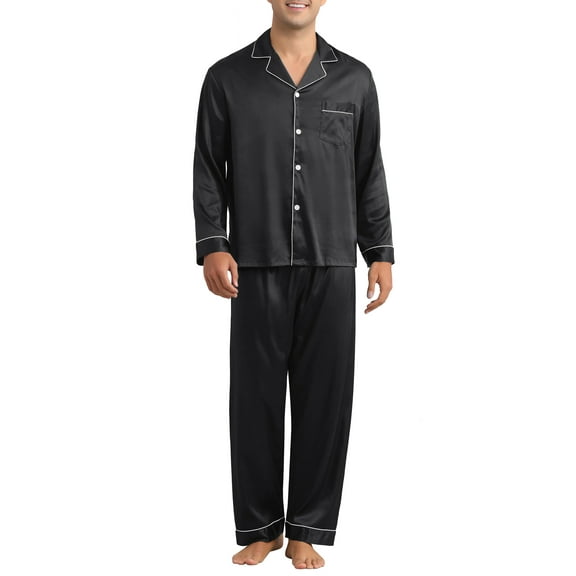 INSPIRE CHIC Satin Pajamas Set for Men's 2 Pieces Homewear Long Sleeve Nightshirt Casual Loungwear