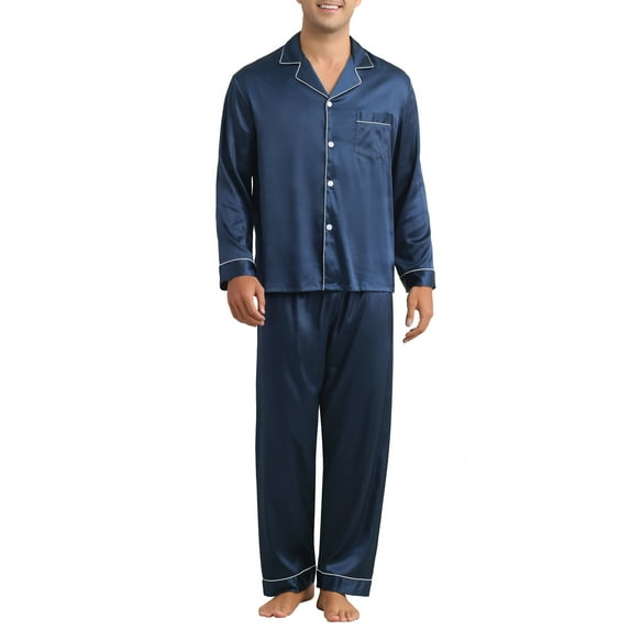 INSPIRE CHIC Satin Pajamas Set for Men's 2 Pieces Homewear Long Sleeve Nightshirt Casual Loungwear