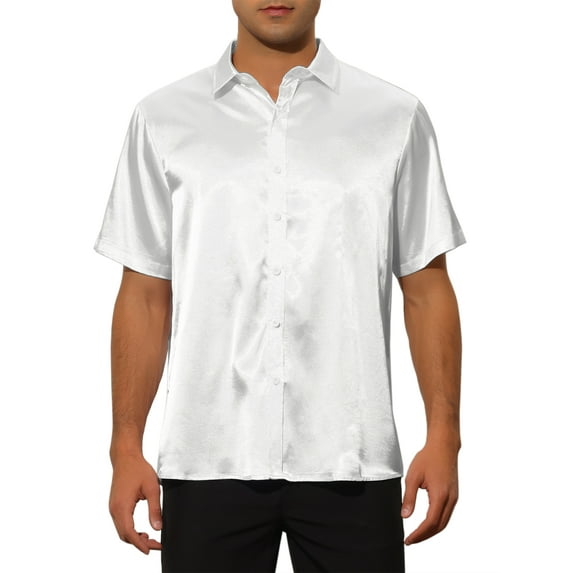 INSPIRE CHIC Satin Shirts for Men's Short Sleeves Collared Summer Button Down Shirts White M