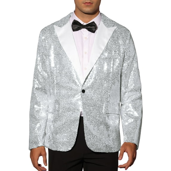INSPIRE CHIC Sequin Blazer for Men's Peak Lapel Color Block Shiny Sparkly Sports Coat 2XL Silver