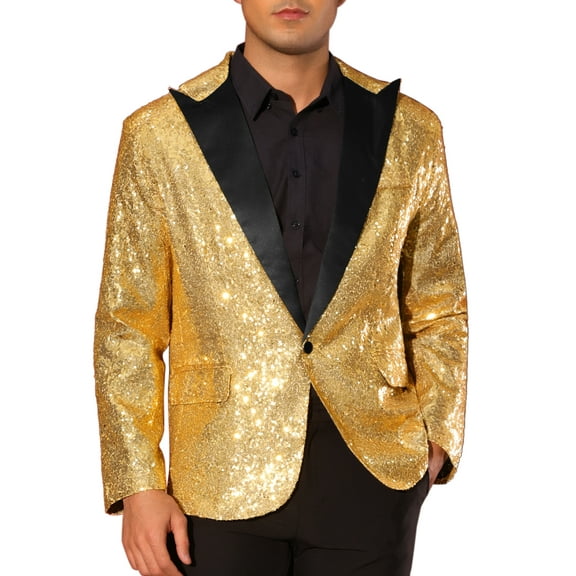 INSPIRE CHIC Sequin Blazer for Men's Peak Lapel Color Block Shiny Sparkly Sports Coat 2XL Golden