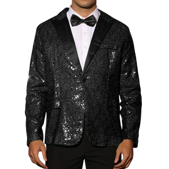 INSPIRE CHIC Sequin Blazer for Men's Peak Lapel Color Block Shiny Sparkly Sports Coat S Black