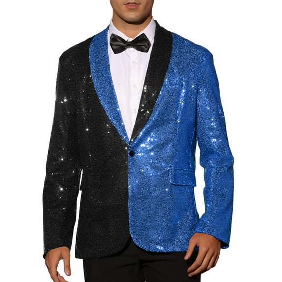 INSPIRE CHIC Sequin Blazer for Men's Shawl Lapel Party Sparkle Color Block Sports Coats Blue Black XL