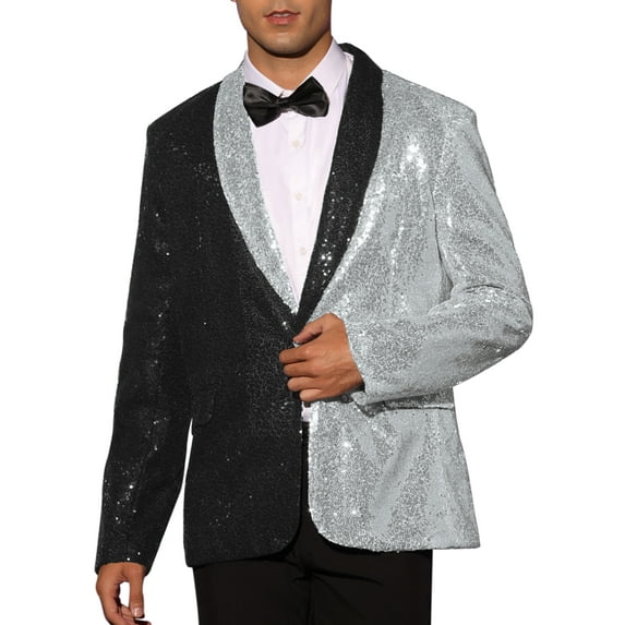 INSPIRE CHIC Sequin Blazer for Men's Shawl Lapel Party Sparkle Color Block Sports Coats Silver Black S