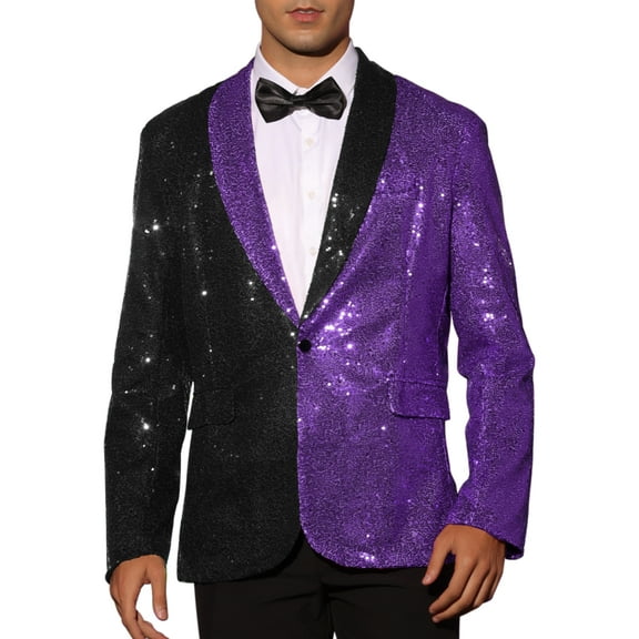 INSPIRE CHIC Sequin Blazer for Men's Shawl Lapel Party Sparkle Color Block Sports Coats Purple Black XL