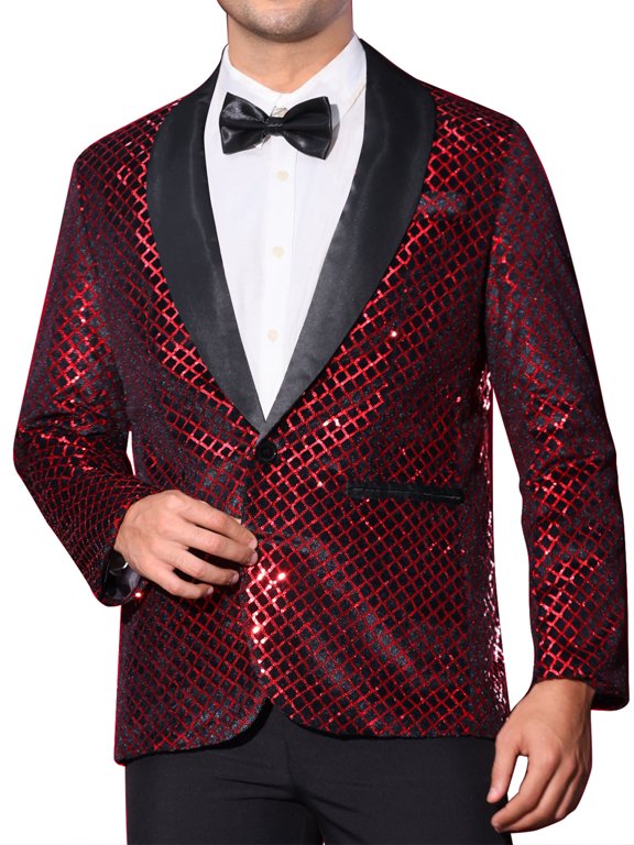 Men's Blazers Sequin Shiny Metallic Argyle Plaid Suit Jackets 2XL Red